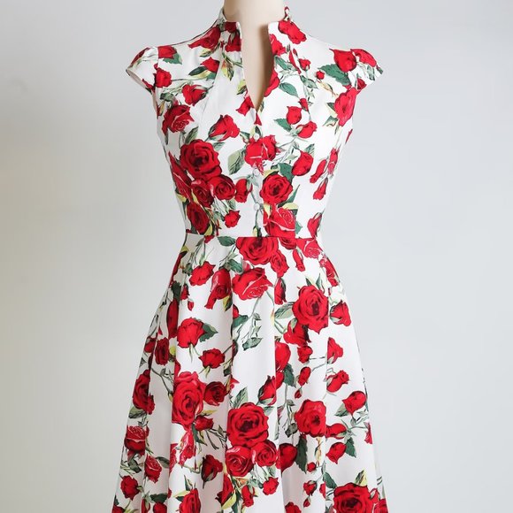 Summer dress, floral dress, vintage style dress, red and white dress, red rose d
